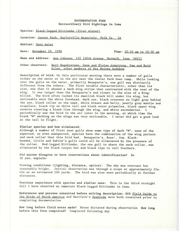 Rare bird documentation form for a Black-legged Kittiwake at Jester Park at Saylorville Reservoir in Polk County, IA on November 10, 1990.