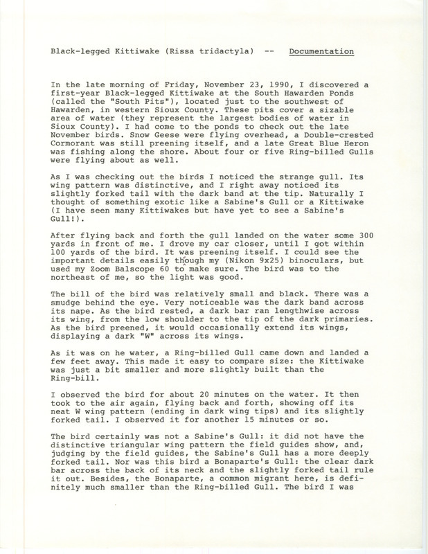 Documentation supporting the sighting of a Black-legged Kittiwake at South Pit at Big Sioux Recreation Area in Sioux County, IA contributed by John Van Dyke on November 23, 1990.