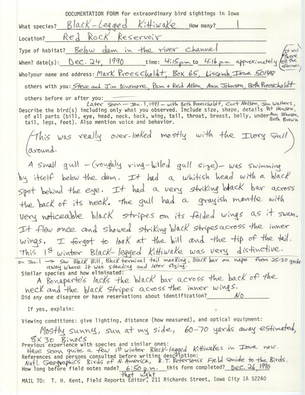 Rare bird documentation form for a Black-legged Kittiwake at Red Rock Dam in Marion County, IA on December 24, 1990.