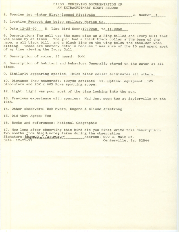 Rare bird documentation form for a Black-legged Kittiwake at Red Rock Dam in Marion County, IA on December 25, 1990.