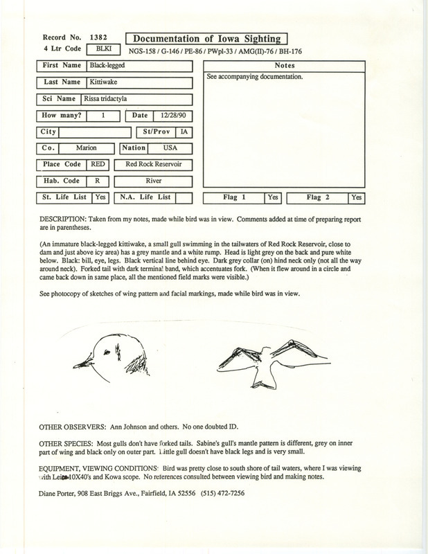 Rare bird documentation form for a Black-legged Kittiwake at Red Rock Reservoir in Marion County, IA on December 28, 1990.