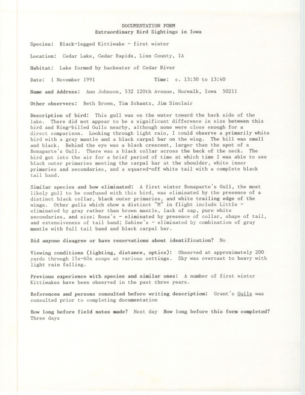 Rare bird documentation form for a Black-legged Kittiwake at Cedar Lake in Linn County, IA on November 1, 1991.