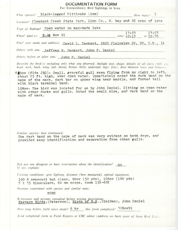 Rare bird documentation form for a Black-legged Kittiwake at Pleasant Creek State Park in Linn County, IA on November 9 and 10, 1991.