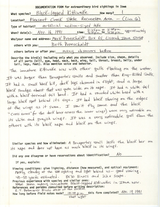 Rare bird documentation form for a Black-legged Kittiwake at Pleasant Creek State Recreation Area in Linn County, IA on November 16, 1991.