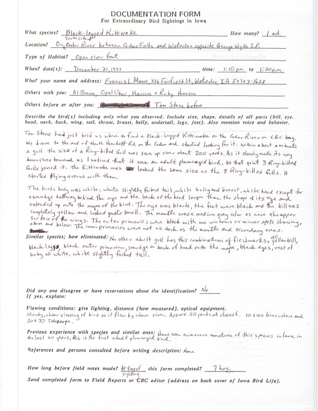 Rare bird documentation form for a Black-legged Kittiwake at George Wyth State Park in Black Hawk County, IA on December 21, 1997.