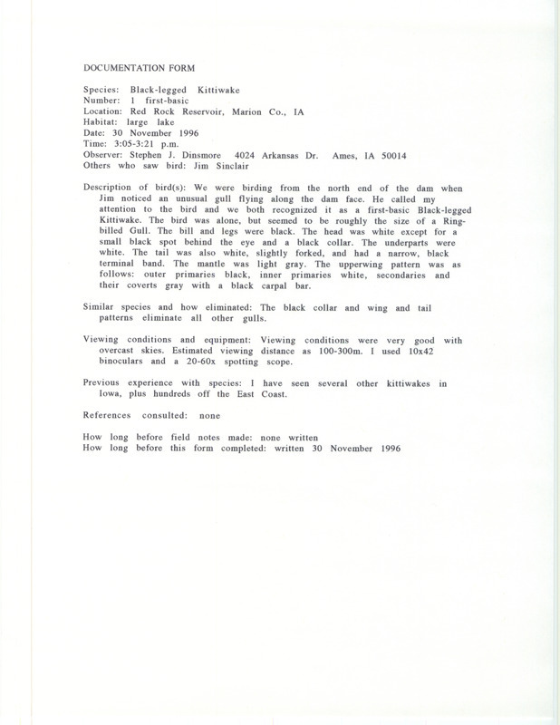 Rare bird documentation form for a Black-legged Kittiwake at Red Rock Reservoir in Marion County, IA on November 30, 1996.