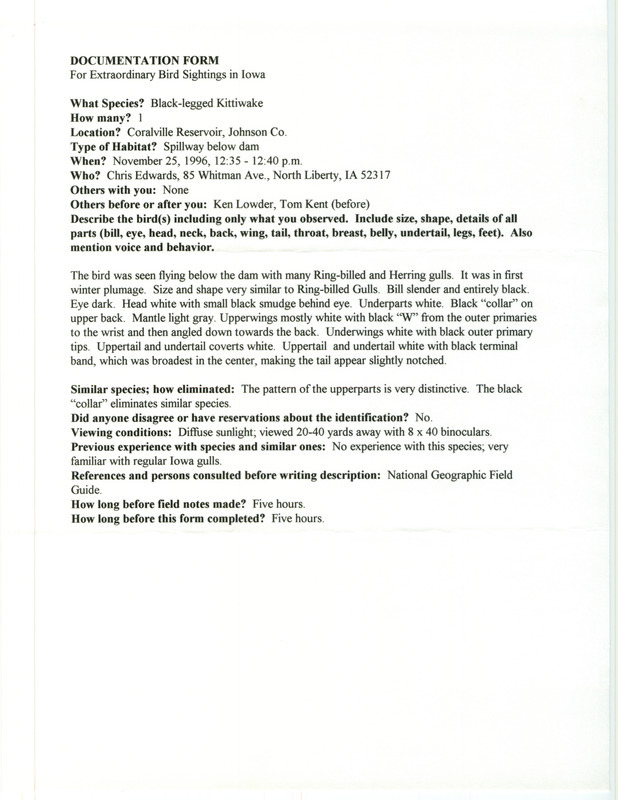 Rare bird documentation form for a Black-legged Kittiwake at Coralville Reservoir in Johnson County, IA on November 25, 1996.