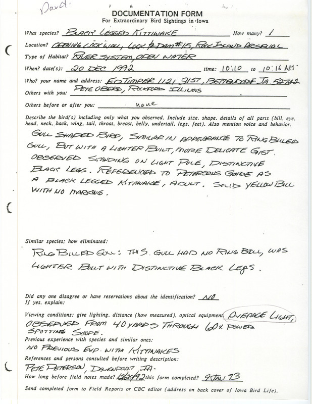 Rare bird documentation form for a Black-legged Kittiwake at Lock and Dam 15 in Scott County, IA on December 20, 1992.