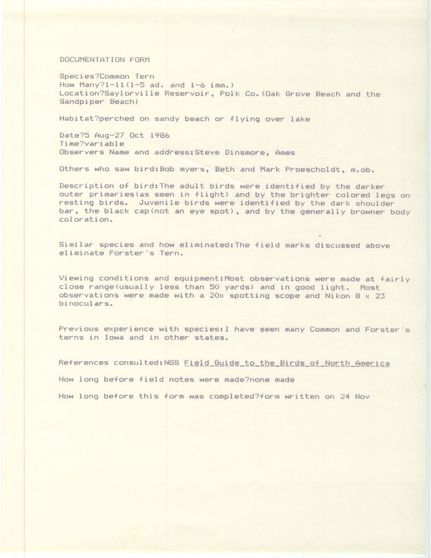 The form documents the sighting of one to eleven Common Terns at Saylorville Reservoir in Polk County, IA from August 5 to October 27, 1986. It includes specific sightings at Oak Grove Beach and Sandpiper Beach.