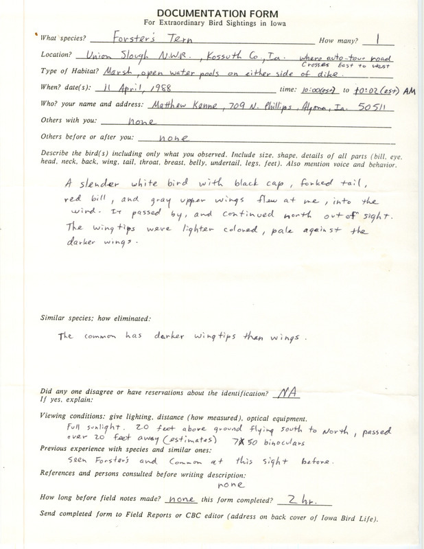 Rare bird documentation form for a Forster's Tern at Union Slough National Wildlife Refuge in Kossuth County, IA on April 11, 1988.