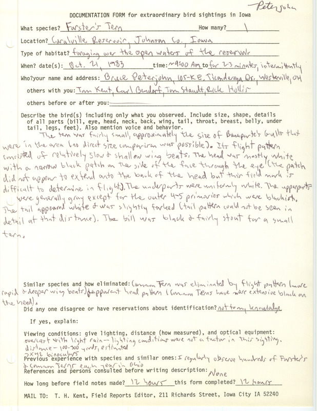 Rare bird documentation form for a Forster's Tern at Coralville Reservoir in Johnson County, IA on October 21, 1983.