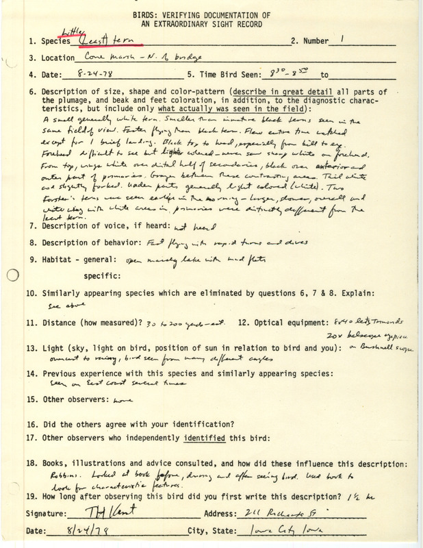 Rare bird documentation form for a Least Tern at Cone March in Louisa County, IA on August 24, 1978.