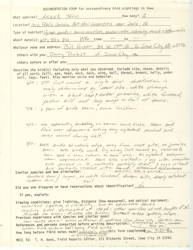 Documentation supporting the sighting of two Least Terns at Port Neal Generators near Salix in Woodbury County, IA on June 17, July 3 and 10, 1986.