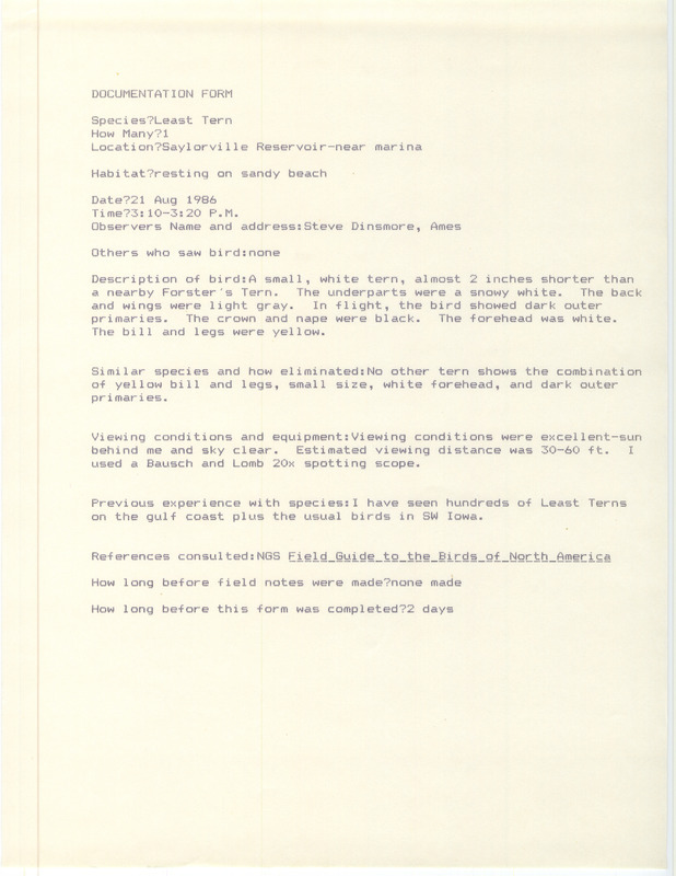 Rare bird documentation form for a Least Tern at Saylorville Marina in Polk County, IA on August 21, 1986.