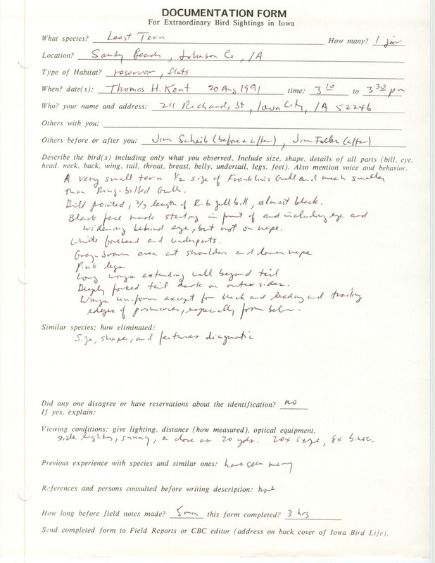 Rare bird documentation form for a Least Tern at Sandy Beach in Johnson County, IA on August 20, 1991.