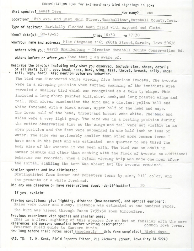 Rare bird documentation form for a Least Tern at Marshalltown in Marshall County, IA on August 19, 1993.