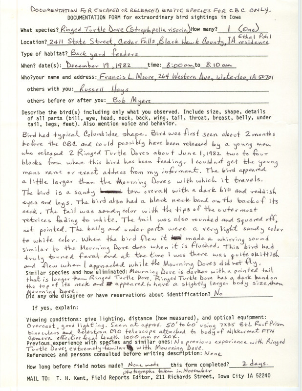 Rare bird documentation form for a Ringed Turtle Dove at Cedar Falls in Black Hawk County, IA on December 19, 1982.