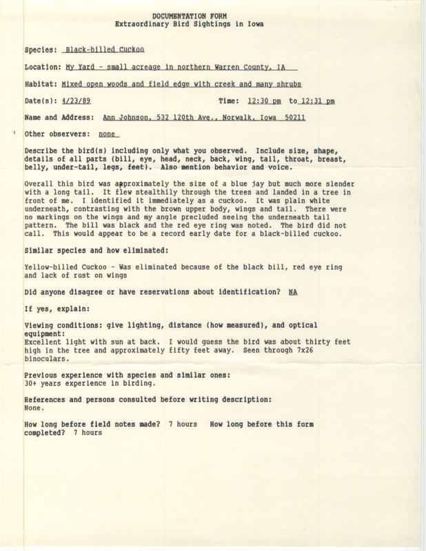 Rare bird documentation form for a Black-billed Cuckoo at Norwalk in Warren County, IA on April 23, 1989.