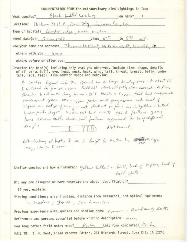 Rare bird documentation form for a Black-billed Cuckoo at Hickory Hill Park in Johnson County, IA on May 3, 1988.