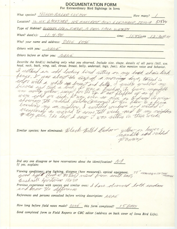 Rare bird documentation form for a Yellow-billed Cuckoo at Glenwood in Mills County, IA on November 4, 1990.