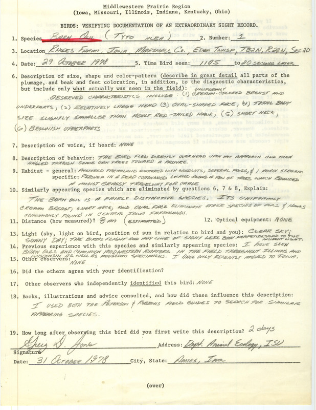 Rare bird documentation form for a Barn Owl at Eden Township in Marshall County, IA on October 29, 1978.