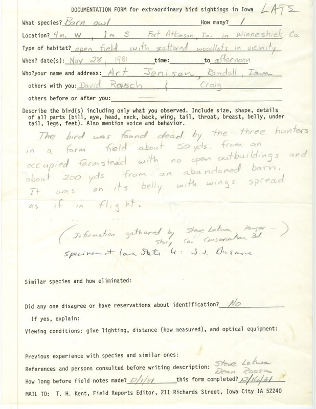 Rare bird documentation form for a Barn Owl near Fort Atkinson in Winneshiek County, IA on November 28, 1981.