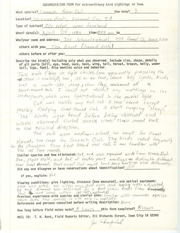 Rare bird documentation form for two Common Barn Owls at Shenandoah in Fremont and Page Counties, IA on April 24, 1983.