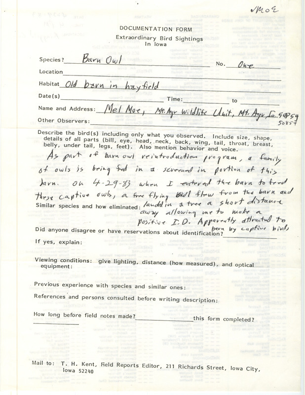 Rare bird documentation and field checklist for a Barn Owl at Mount Ayr State Wildlife Area in Ringgold County, IA on April 29, 1983.