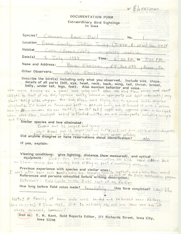 Rare bird documentation form for a Common Barn Owl at Jackson Township in Boone County, IA on July 8, 1983.