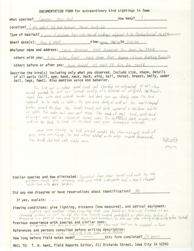 Rare bird documentation form for a Common Barn Owl west of Red Rock Reservoir in Marion County, IA on May 5, 1984.