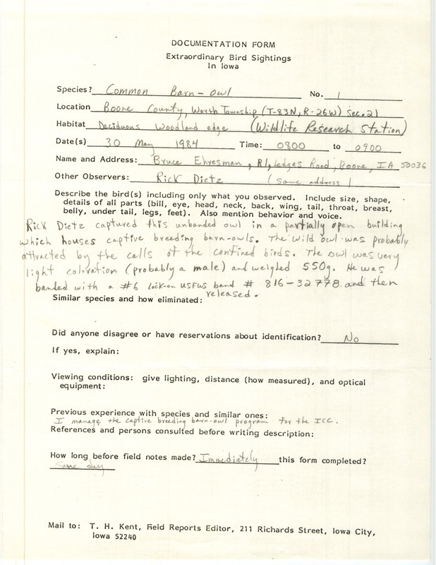 Rare bird documentation form for a Common Barn Owl at Worth Township in Boone County, IA on May 30, 1984.