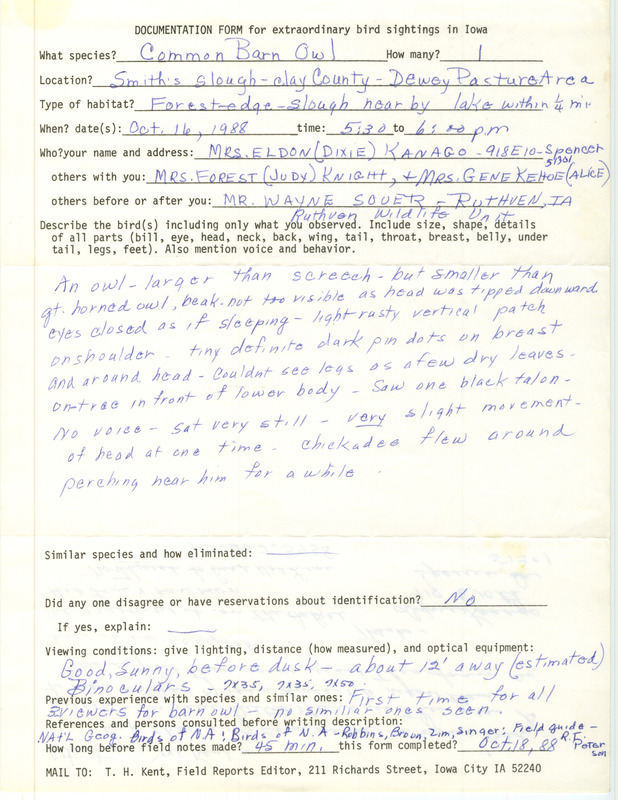 Rare bird documentation form for a Common Barn Owl at Smith's Slough in Clay County, IA on October 16, 1988.