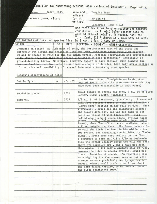 Field reports by Douglas Harr for birds sighted during the summer of 1993. It features the Barn Owl south of Larchwood in Lyon County, IA on July 27, 1993.