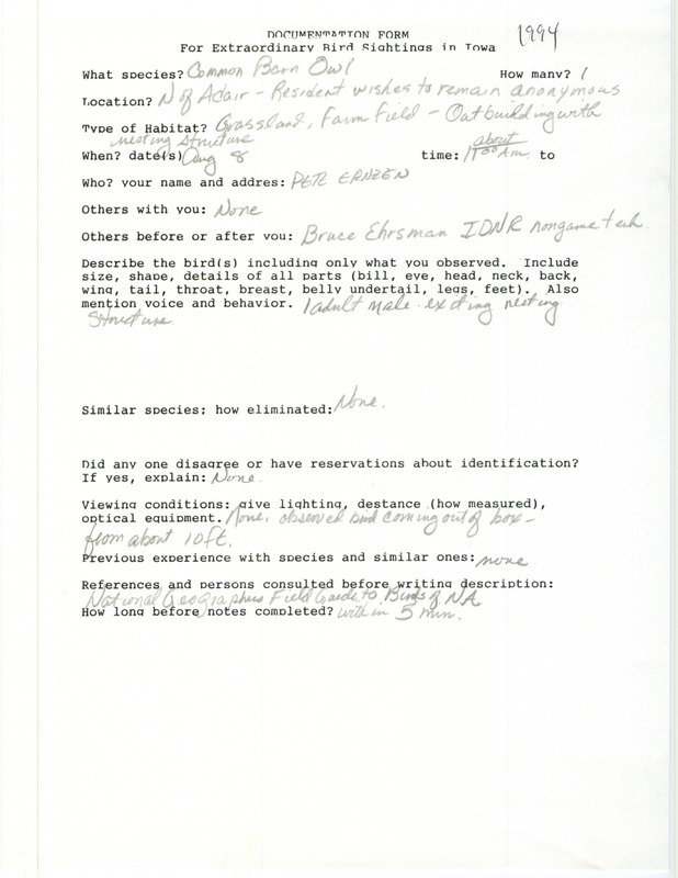 Rare bird documentation form for a Barn Owl north of Adair in Adair County, IA on August 8, 1994.