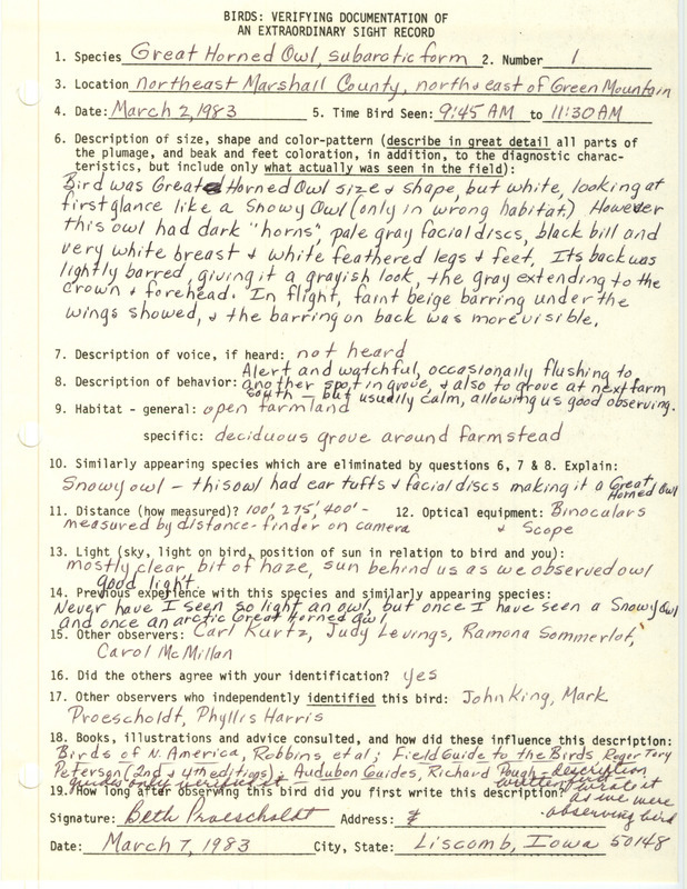 Rare bird documentation form for a Great Horned Owl northeast of Green Mountain in Marshall County, IA on March 2, 1983.