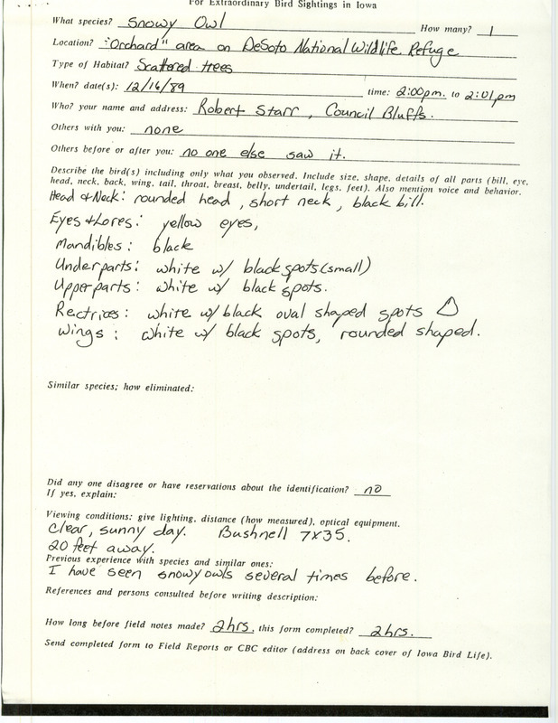 Rare bird documentation form for a Snowy Owl at DeSoto National Wildlife Refuge in Harrison County, IA on December 16, 1989.