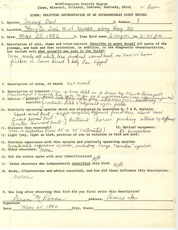 Rare bird documentation form for a Snowy Owl west of Nevada in Story County, IA on March 25, 1982.