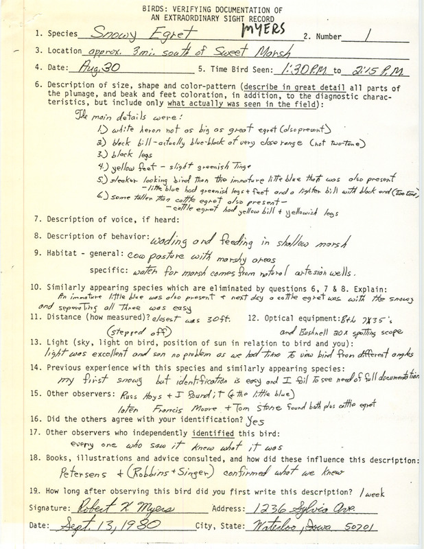 Rare bird documentation form for a Snowy Egret south of Sweet March in Bremer County, IA on August 30, 1980.