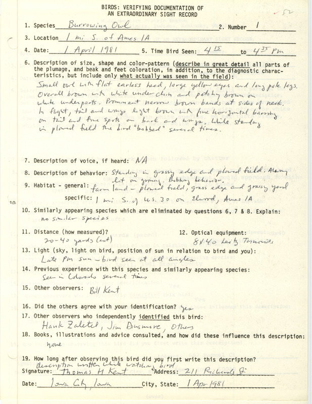 Rare bird documentation form for a Burrowing Owl south of Ames in Story County, IA on April 1, 1981.