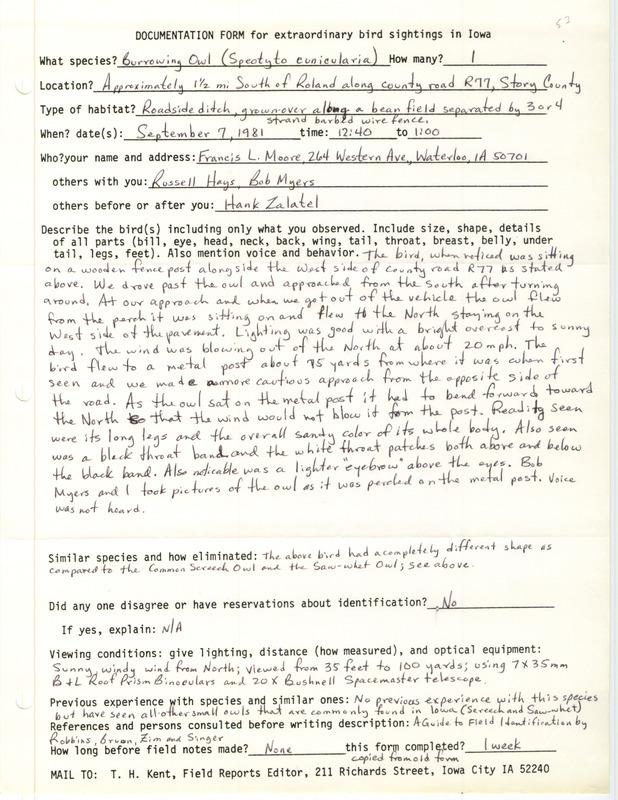 Rare bird documentation form for a Burrowing Owl south of Roland in Story County, IA on September 7, 1981.