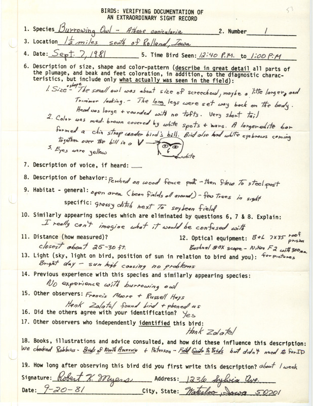 Rare bird documentation form for a Burrowing Owl south of Roland in Story County, IA on September 7, 1981.