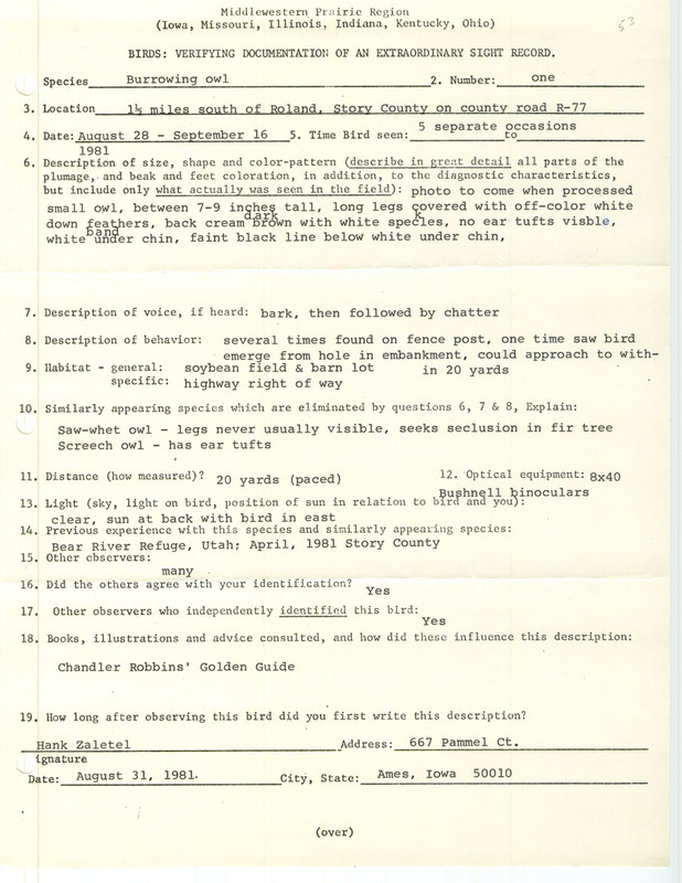 Rare bird documentation form for a Burrowing Owl south of Roland in Story County, IA from August 28 to September 16, 1981.