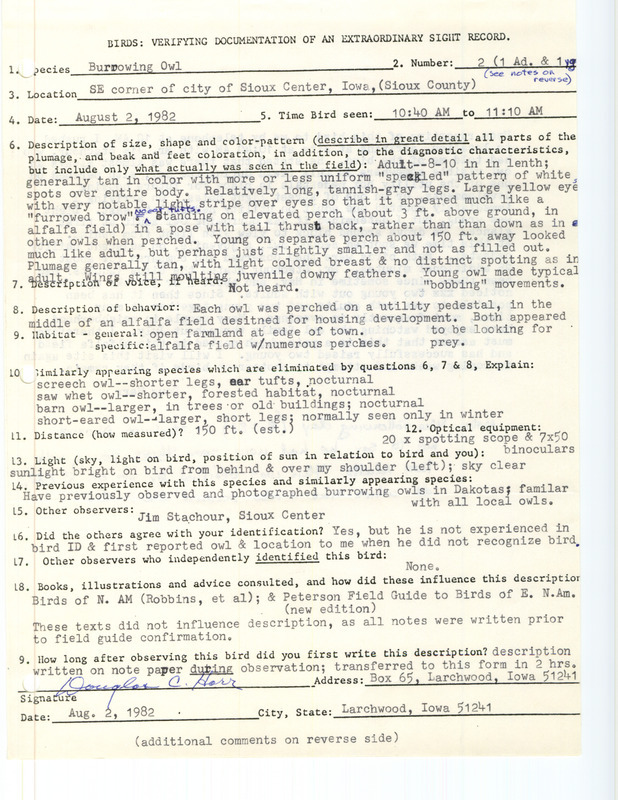 Rare bird documentation form for two Burrowing Owls at Sioux Center in Sioux County, IA on August 2, 1982.