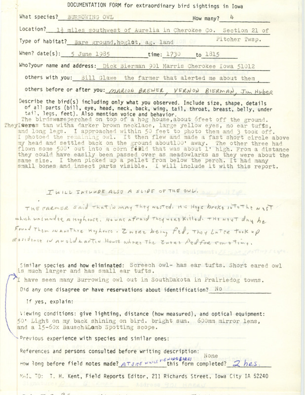 Rare bird documentation form for four Burrowing Owls at Pitcher Township in Cherokee County, IA on June 5, 1985.