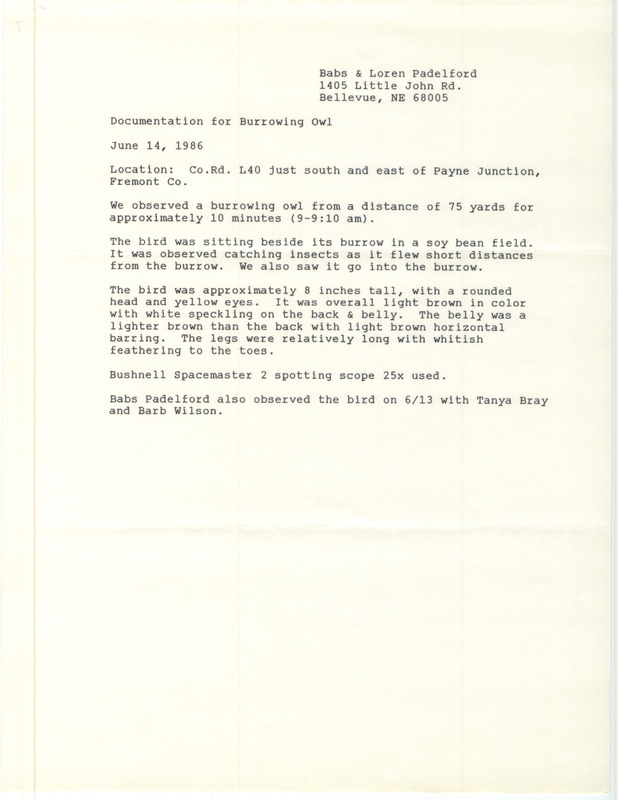 Field notes for a Burrowing Owl. The owl was seen southeast of Payne Junction in Fremont County, IA on June 14, 1986.