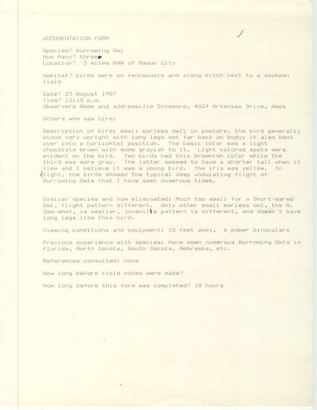 Rare bird documentation form for three Burrowing Owls north-northwest of Mason City in Cerro Gordo County, IA on August 23, 1987.