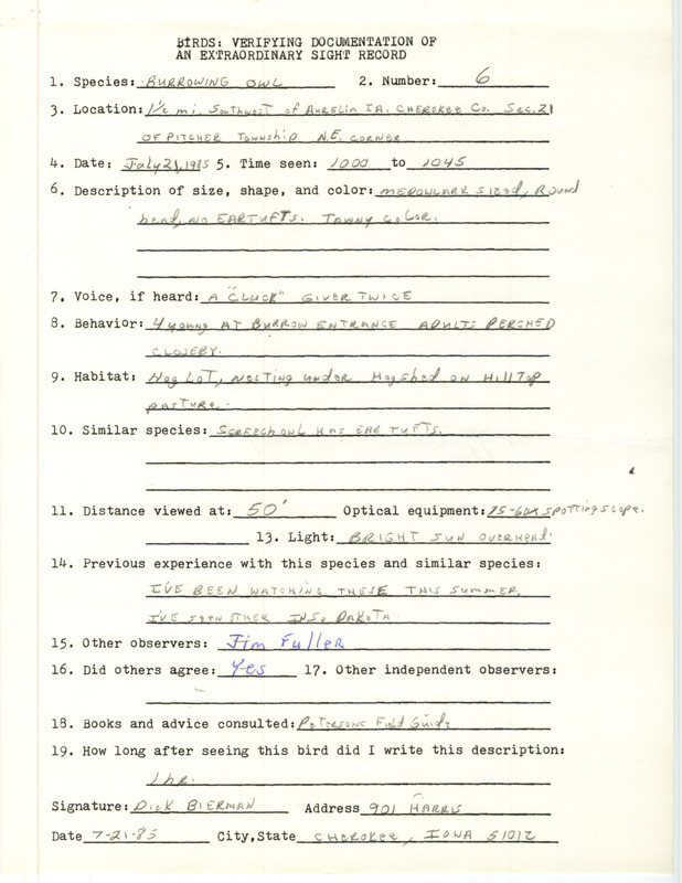 Rare bird documentation form for six Burrowing Owls southwest of Aurelia in Cherokee County, IA on July 21, 1985.