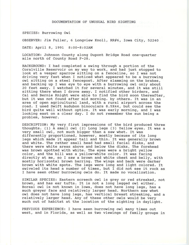 Rare bird documentation form for a Burrowing Owl at Coralville Reservoir in Johnson County, IA on April 8, 1991.