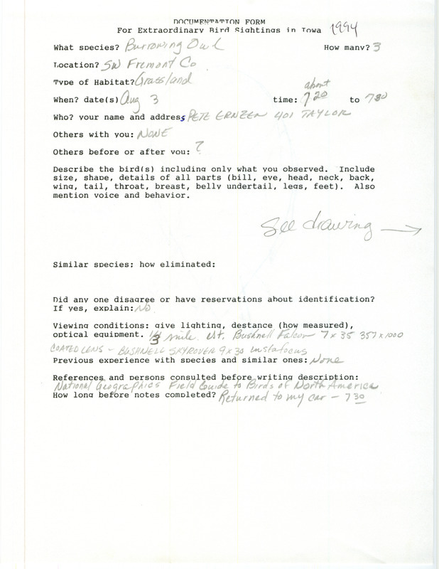 Rare bird documentation form for three Burrowing Owls in southwest Fremont County, IA on August 3, 1994.