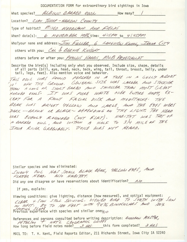 Rare bird documentation form for an albino Barred Owl at Clay Township in Hardin County, IA on November 6, 1986.